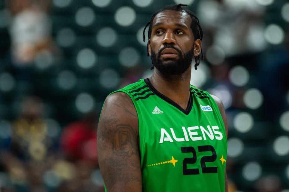 INDIANAPOLIS, IN - JUNE 23: Aliens player Greg Oden (22) walks onto the court during the Big3 basketball game between the Triplets and Aliens on June 23, 2019 at Bankers Life Fieldhouse in Indianapolis, IN. (Photo by Zach Bolinger/Icon Sportswire via Getty Images)