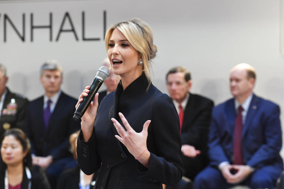 Ivanka Trump daughter of the US President, addresses at a meeting during the Munich Security Conference in Munich, Germany, Saturday, Feb. 16, 2019. (AP Photo/Kerstin Joensson)