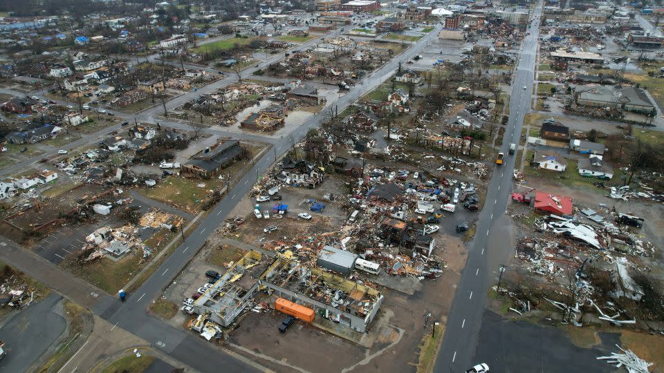 Damage remains in Mayfield, Kentucky, after a devastating 2021 tornado outbreak ripped through several states. - Cheney Orr/Reuters