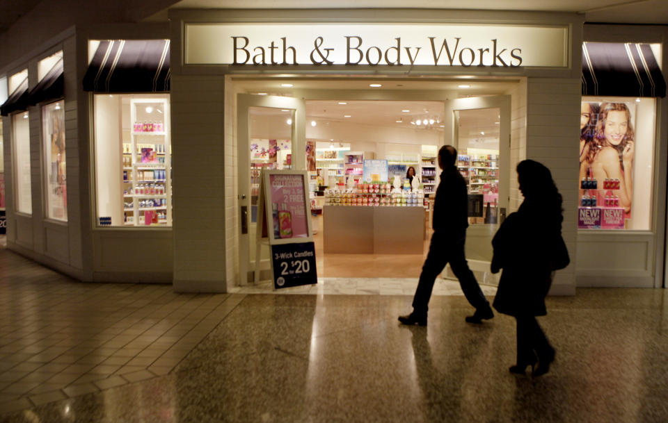 In this Feb. 22, 2010 photo, people walk by a Bath and Body Works at a shopping mall in Dallas. Retail sales post surprising 0.3 pct February increase raising hopes economy gaining momentum.(AP Photo/LM Otero)