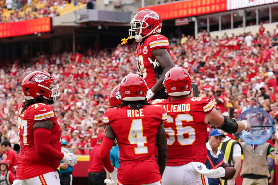 Aug 26, 2023; Kansas City, Missouri, USA; Kansas City Chiefs wide receiver Justyn Ross (8) celebrates with team mates after scoring against the <a class="link " href="https://sports.yahoo.com/nfl/teams/cleveland/" data-i13n="sec:content-canvas;subsec:anchor_text;elm:context_link" data-ylk="slk:Cleveland Browns;sec:content-canvas;subsec:anchor_text;elm:context_link;itc:0">Cleveland Browns</a> during the first half at GEHA Field at Arrowhead Stadium. Mandatory Credit: Denny Medley-USA TODAY Sports
