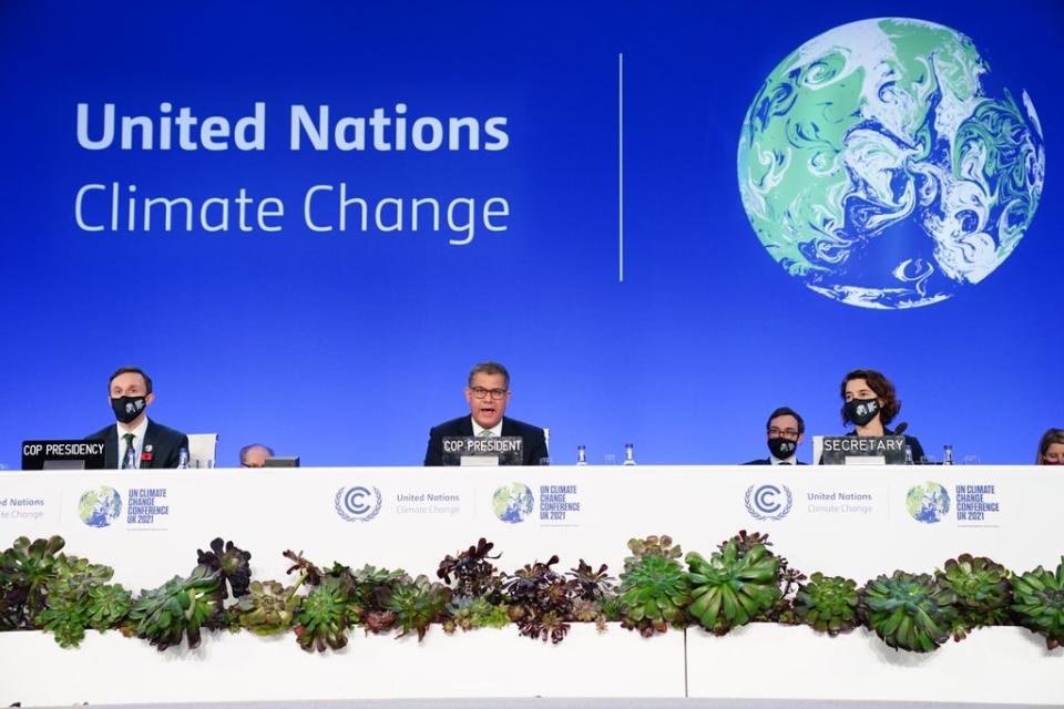 Alok Sharma (centre), president of the Cop26 climate summit, speaks at the conference in Glasgow (Jane Barlow/PA) (PA Wire)