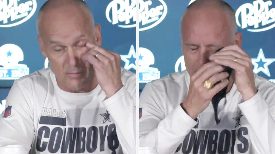 Dallas Cowboys defensive coach Mike Nolan had to leave a recent press conference after accidentally rubbing hot sauce in his eye. Pictures: Twitter