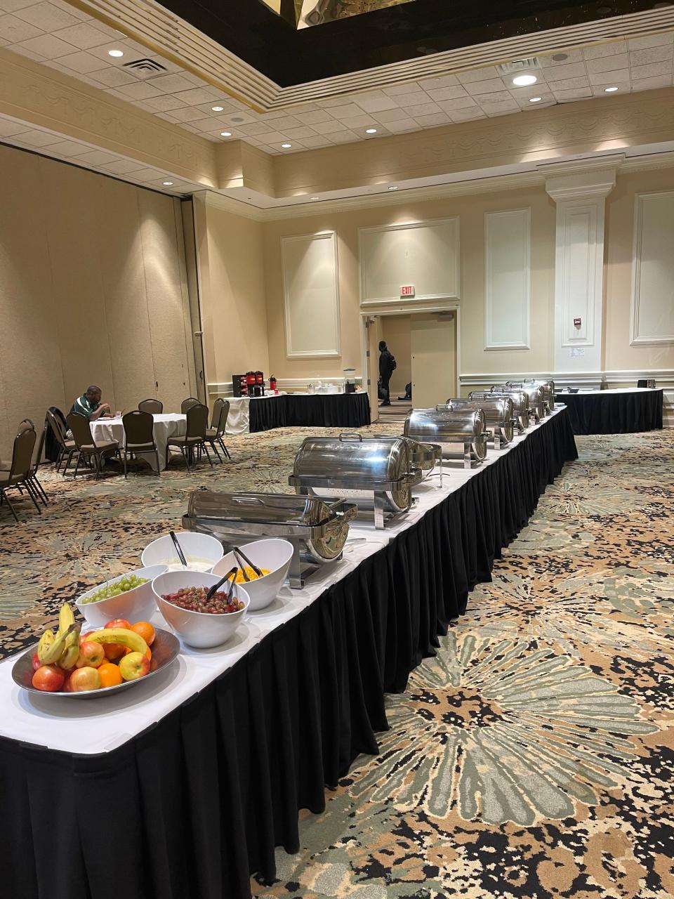 Breakfast buffet is prepared for Saturday morning at the Crowne Plaza Executive Center in Baton Rouge, La.