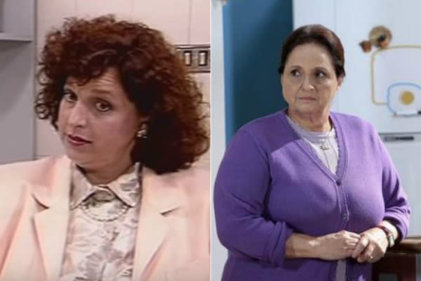 Mira Haar era Carolina Silva e Silva, mãe do protagonista Lucas. Aos 62 anos, a atriz segue na ativa. Atualmente, dá vida à personagem Nina Agnes na novela ‘Cúmplices de um Resgate’, no SBT. (Reprodução/YouTube e SBT)