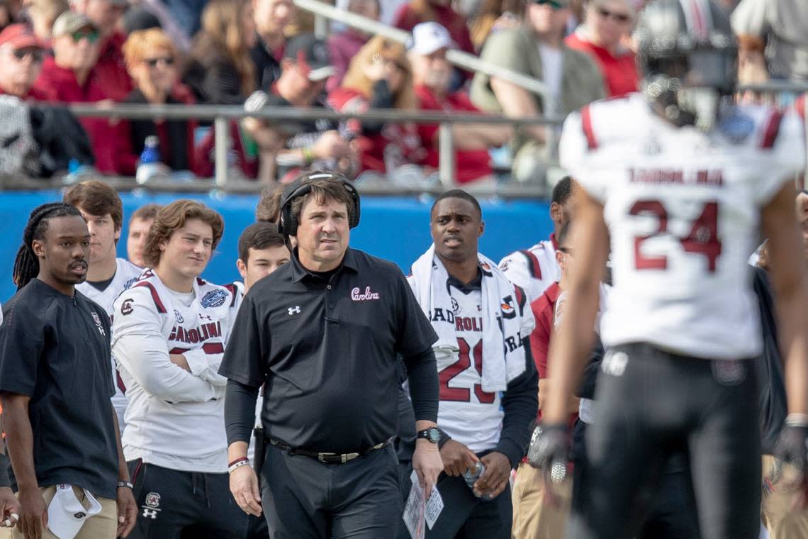 South Carolina head coach Will Muschamp looks toward the field during the Belk Bowl against Virginia at Bank of America Stadium on Dec. 29, 2018, in Charlotte, NC.