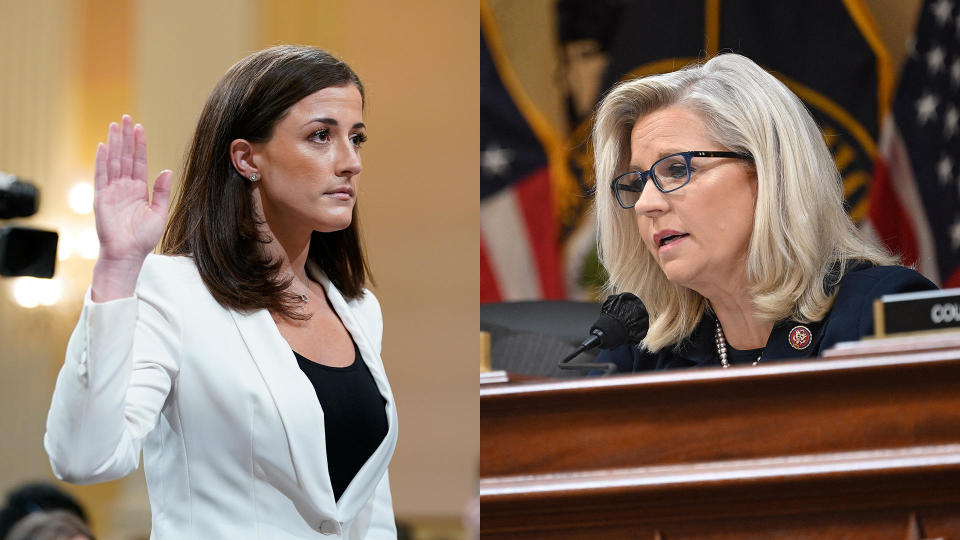 Cassidy Hutchinson, former aide to Trump's chief of staff Mark Meadows, gives testimony to Vice Chair Liz Cheney of the Select Committee to Investigate the January 6th Attack on the U.S. Capitol, in Washington, June 28, 2022. Hutchinson offered details from inside the White House from the days and hours leading up to the violent insurrection.  / Credit: Al Drago/Bloomberg via Getty Images; Mandel Ngan/AFP via Getty Images