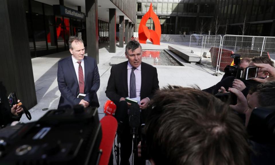 <span class="element-image__caption">Chief executive of the IRFU Philip Browne (right) explains to the media that the Six Nations game with Italy on 7 March has been postponed.</span> <span class="element-image__credit">Photograph: Brian Lawless/PA</span>