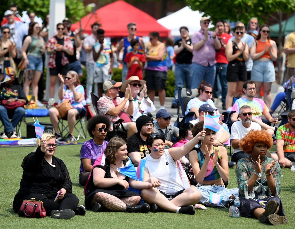 A crowd cheers on speakers in Centennial Plaza, kicking off the 2023 Stark Pride Festival on Saturday in downtown Canton.