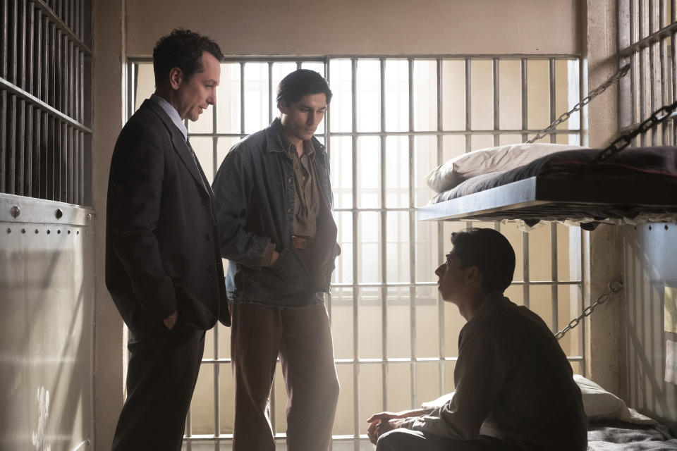 This image released by HBO Max shows Matthew Rhys, from left, Peter Mendoza and Fabrizio Guido in a scene from "Perry Mason." (HBO Max via AP)