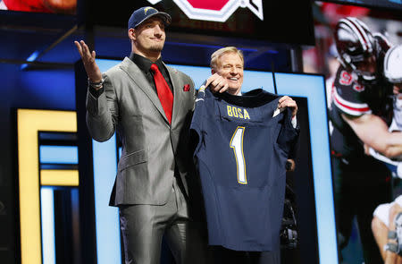 Apr 28, 2016; Chicago, IL, USA; Joey Bosa (Ohio State) with NFL commissioner Roger Goodell after being selected by the San Diego Chargers as the number three overall pick in the first round of the 2016 NFL Draft at Auditorium Theatre. Mandatory Credit: Kamil Krzaczynski-USA TODAY Sports / Reuters Picture Supplied by Action Images