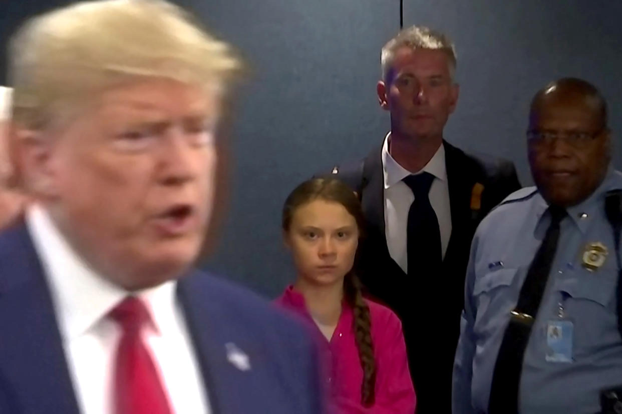 Swedish environmental activist Greta Thunberg watches as U.S. President Donald Trump enters the United Nations to speak with reporters in a still image from video taken in New York City, U.S. September 23, 2019.  REUTERS/Andrew Hofstetter