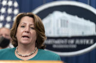 Deputy Attorney General Lisa Monaco speaks during a news at the Department of Justice in Washington, Tuesday, Oct. 26, 2021. Law enforcement officials in the U.S. and Europe have arrested 150 people and seized more than $31 million in an international drug trafficking investigation stemming from sales on the darknet. (AP Photo/Manuel Balce Ceneta)