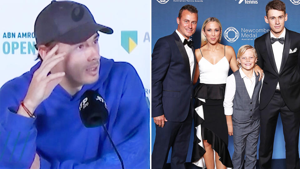 Alex de Minaur, pictured here with Lleyton Hewitt and his family.