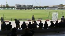 Pakistani policmen gather for a rehearsal of security arrangements for the Zimbabwe team outside the Gaddafi Cricket Stadium in Lahore on May 16, 2015