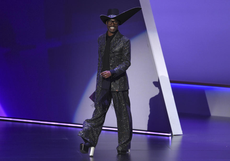 Billy Porter appears on stage to present the award for outstanding variety talk series at the 71st Primetime Emmy Awards on Sunday, Sept. 22, 2019, at the Microsoft Theater in Los Angeles. (Photo by Chris Pizzello/Invision/AP)