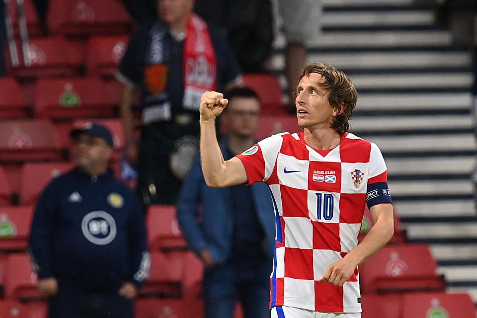 Luka Modric celebrates scoring Croatia’s second (POOL/AFP via Getty Images)