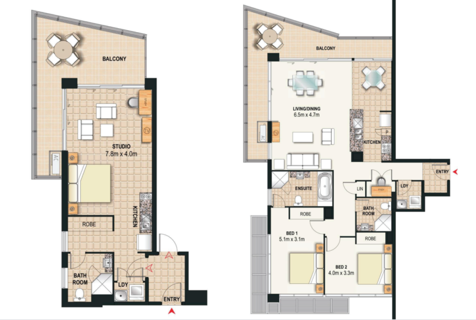 floor plan of the studio and two bedroom suite at Meriton Suites Broadbeach 