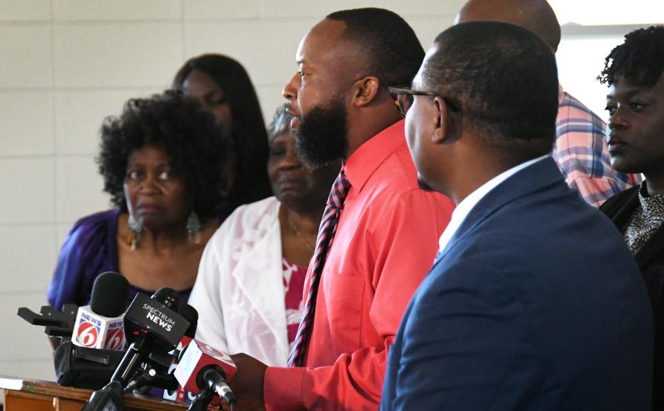 Alex Goins, Cocoa City Councilmember, also spoke on behalf of the family. Attorney Anthony Thomas with the parents and grandparents of a victim of the Viera High School football hazing incident. A press conference was held Wednesday, September 6, at the Fiske Blvd. Church of Christ in Rockledge.
(Credit: TIM SHORTT / FLORIDA TODAY)