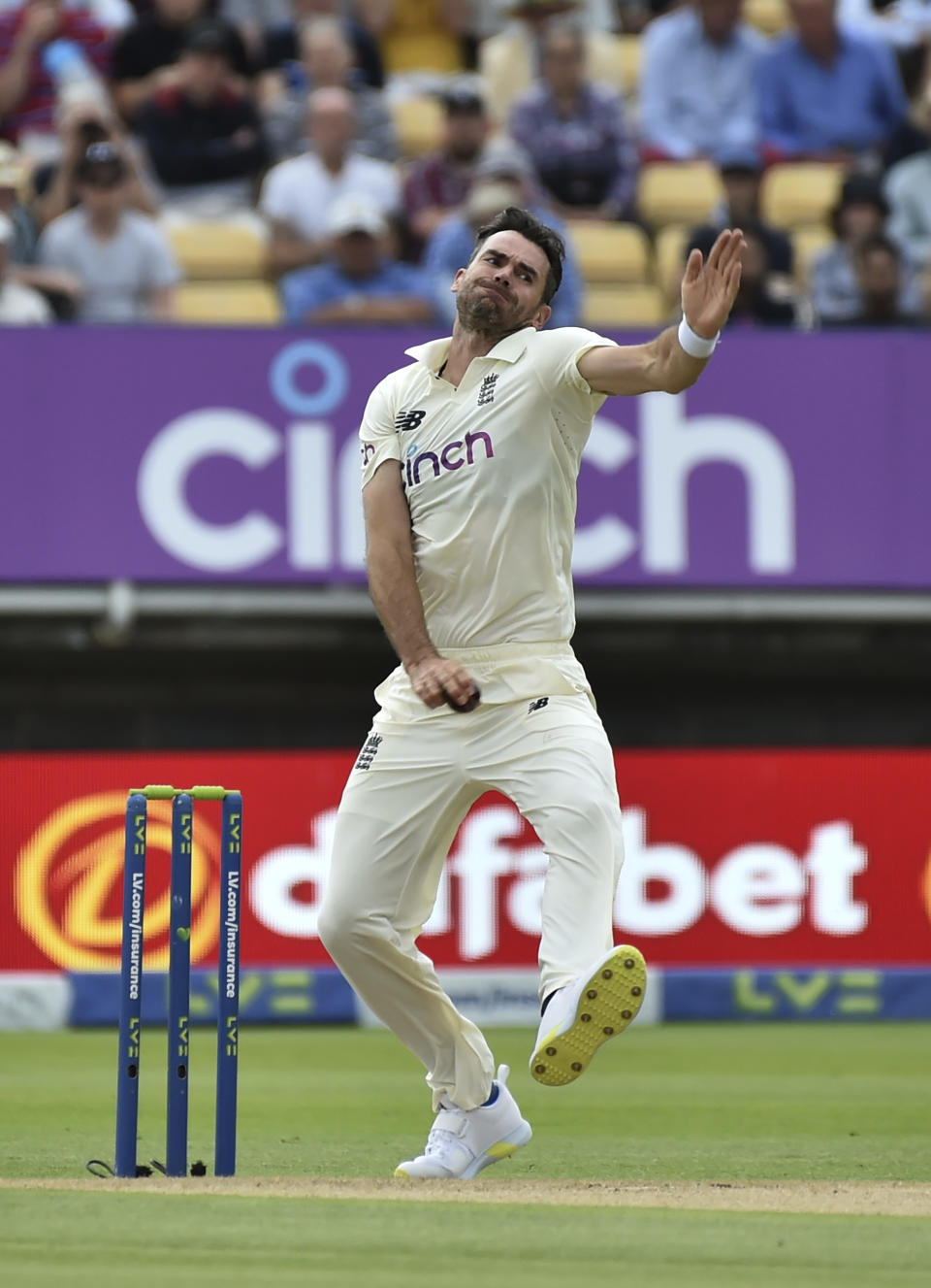 England's James Anderson bowls a delivery during the second day of the second cricket test match between England and New Zealand at Edgbaston in Birmingham, England, Friday, June 11, 2021. (AP Photo/Rui Vieira)