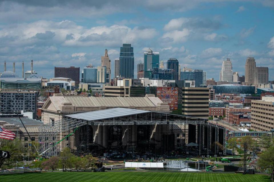 The stage for the NFL Draft, shown here while under construction, covers most of the parking lot in front of Union Station.