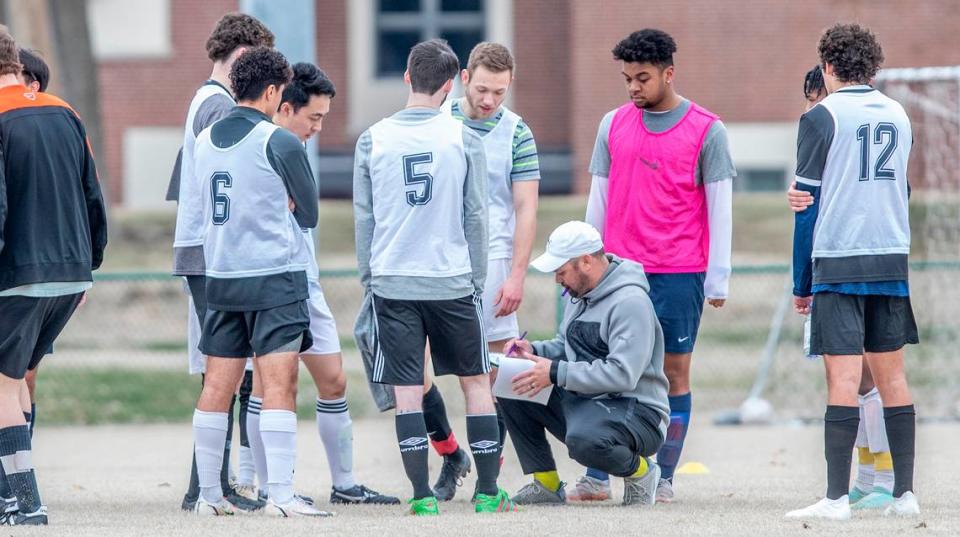 Ehtar Belleville Football Club’s head coach Drew Crawford works with potential team members during an open tryout. The Ehtar Belleville Football Club has joined the The National Premier Soccer League (NPSL). The club will begin league play in May. For more information about the team visit www.ehtarfc.com.