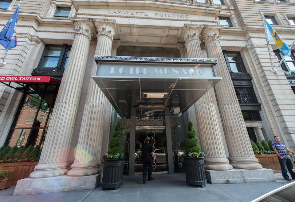 PHILADELPHIA, PA - JULY 11:  General view of the exterior of Hotel Monaco where 'Glee' star Becca Tobin's boyfriend Matt Bendik was found dead July 11, 2014 in Philadelphia, Pennsylvania.  Bendik was found dead by a maid Thursday afternoon, July 10.  (Photo by Gilbert Carrasquillo/Getty Images)