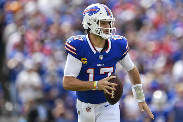 Buffalo Bills quarterback Josh Allen (17) throws a pass during the second  half of an NFL football game against the Pittsburgh Steelers in Orchard  Park, N.Y., Sunday, Sept. 12, 2021. The Steelers