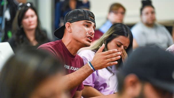 PHOTO: Angel Garza, who is the father of Amerie Jo Garza, a child who was killed at Robb Elementary School in Uvalde, pleads for answers during a City Council meeting, June 30, 2022, in San Antonio, Texas, June 30, 2022.  (Billy Calzada/San Antonio Express-News via ZUMA Press)