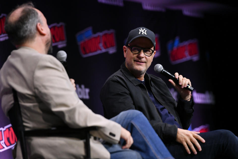 NEW YORK, NEW YORK - OCTOBER 14: (L-R) Chris Hewitt and Matthew Vaughn speak onstage at MATTHEW VAUGHN: From KICKASS to KINGSMAN to ARGYLLE during New York Comic Con 2023 - Day 3 at Javits Center on October 14, 2023 in New York City. (Photo by Craig Barritt/Getty Images for ReedPop)