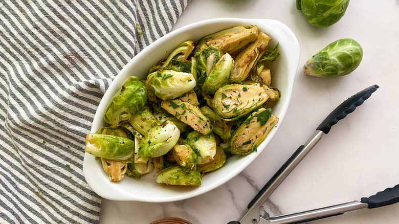 Brussels sprouts in white dish