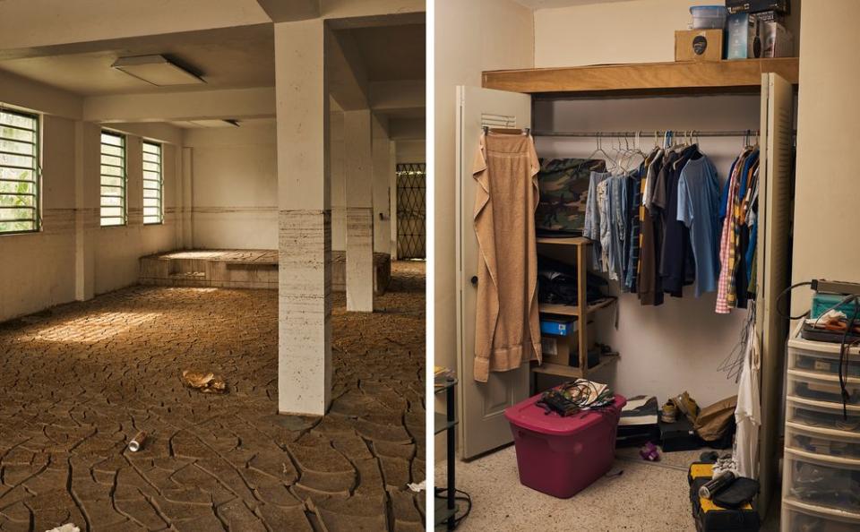 The water line in an abandoned building in the town center of Utuado; the closet of Javier García, as it looked when he left after the storm to join the Air Force.