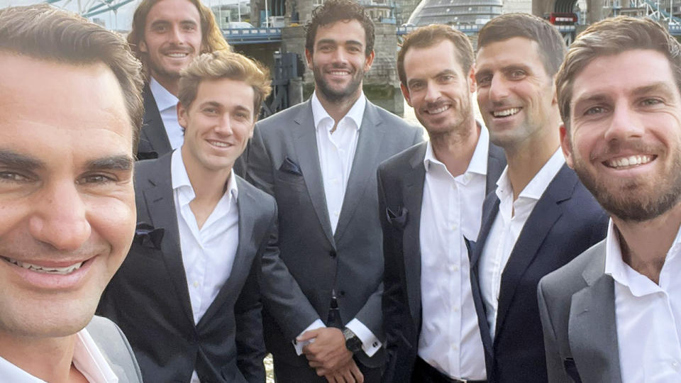 Roger Federer, pictured here with Stefanos Tsitsipas, Casper Ruud, Matteo Berrettini, Andy Murray, Novak Djokovic and Cameron Norrie.