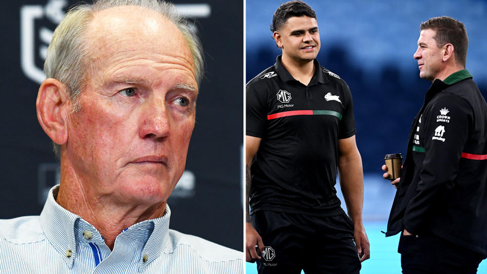 Wayne Bennett, pictured here alongside Latrell Mitchell and Jason Demetriou.