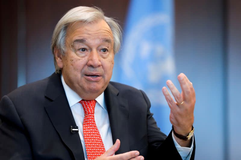 FILE PHOTO: United Nations Secretary-General Antonio Guterres gestures during an interview with Reuters in New York