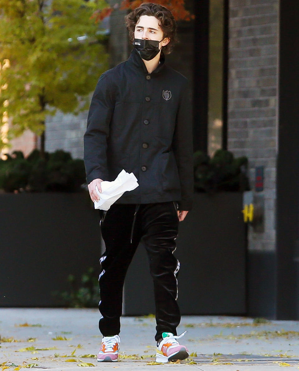 <p>Timothée Chalamet wears a black mask, jacket and sneakers on his walk through N.Y.C. on Thursday. </p>