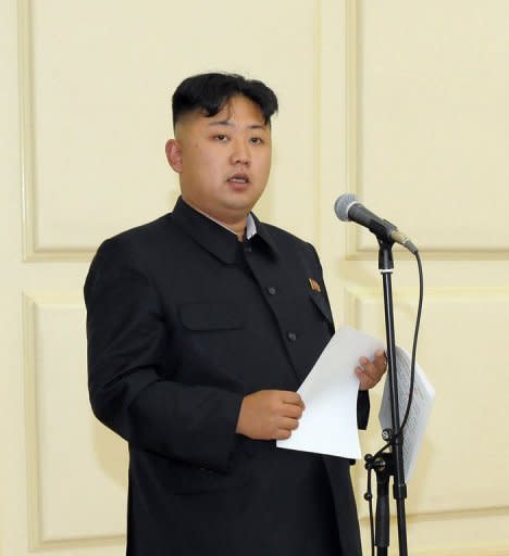 Image provided by KCNA via KNS in August shows North Korean leader Kim Jong-Un delivering a speech. "I express my deep condolences to widow Han Hak Ja and the bereaved family upon receiving the sad news that Moon Sun Myung... died of illness," Kim's message read