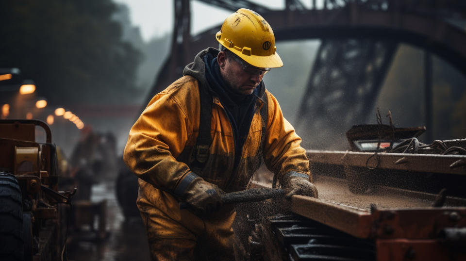 A construction worker in full protective gear using heavy machinery to build a bridge.