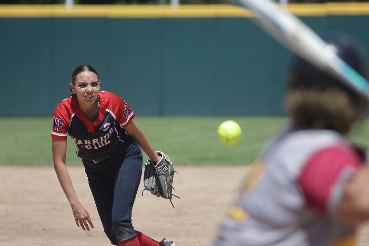 Central Falls/BVP pitcher Chloe Acosta throws to the Times2/Paul Cuffee Co-op at RIC on Saturday. 01.06.24