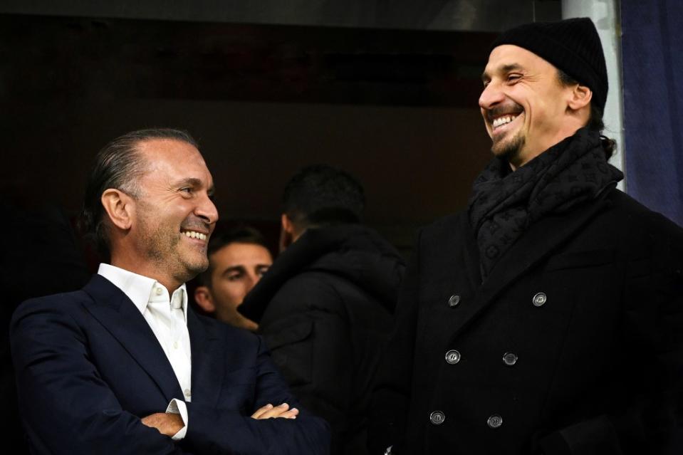 Gerry Cardinale Owner of AC Milan and Founder of RedBird and Zlatan Ibrahimovic chat at a AC Milan match in Nov. 2023.
