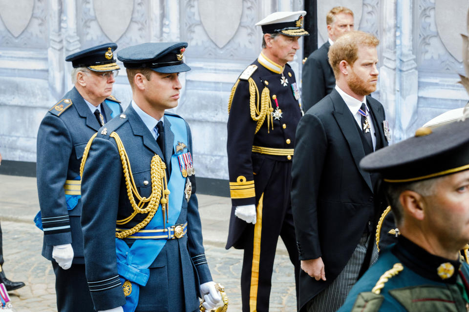 Prince Richard, Prince William, and Vice Admiral Tim Laurence in dress military and Prince Harry in a suit walk behind the Queen's coffin at her state funeral