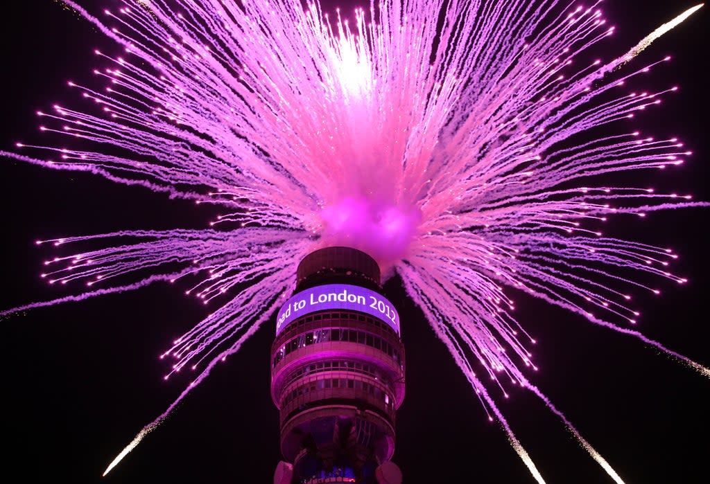 These are fireworks - not fibre optics, but the BT Tower (pictured) has been used to test relay speeds in the past (Oli Scarff/Getty Images)