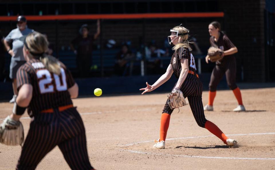 Summerville’s Madison Cribbs delivers a pitch during the Sac-Joaquin Section Division VI championship game with Riverbank at Cosumnes River College in Sacramento, Calif., Saturday, May 20, 2023. Summerville won the game 4-1.