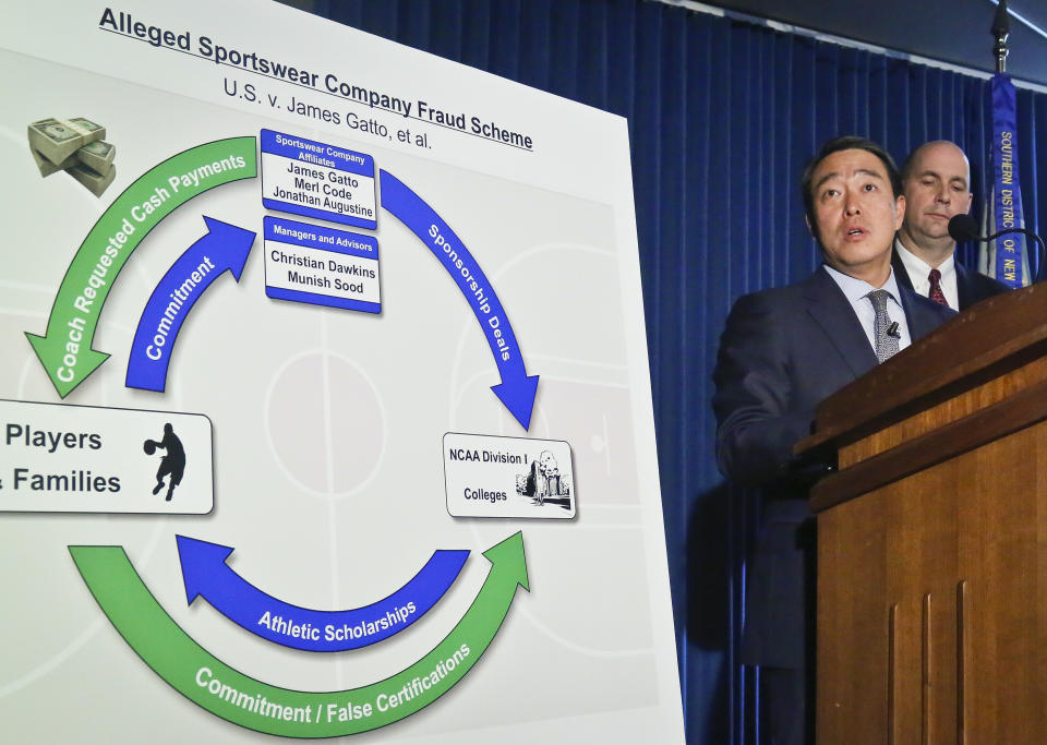 Acting U.S. Attorney for the Southern District of New York Joon H. Kim lays out the case against four assistant basketball coaches from Arizona, Auburn, USC and Oklahoma State. (AP)