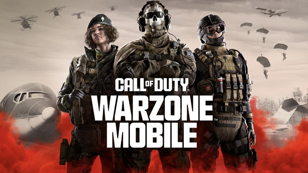  Three Operators stand side by side against a red and brown background. 'Call of Duty Warzone Mobile' is printed along the bottom of the image. 