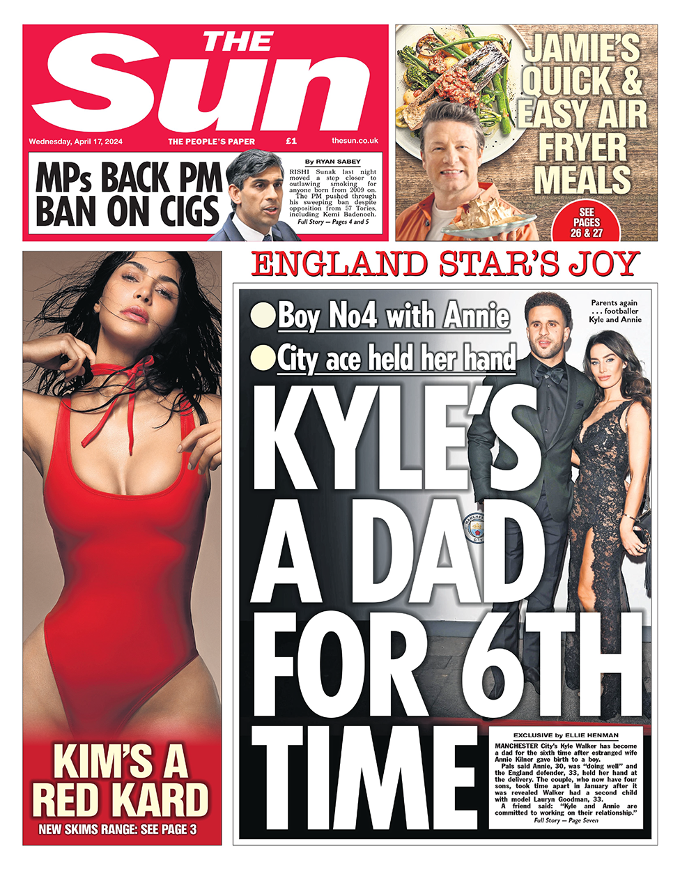 The headline in the Sun reads: "Kyle's a dad for 6th time". It appears alongside a picture of footballer Kyle Walker.