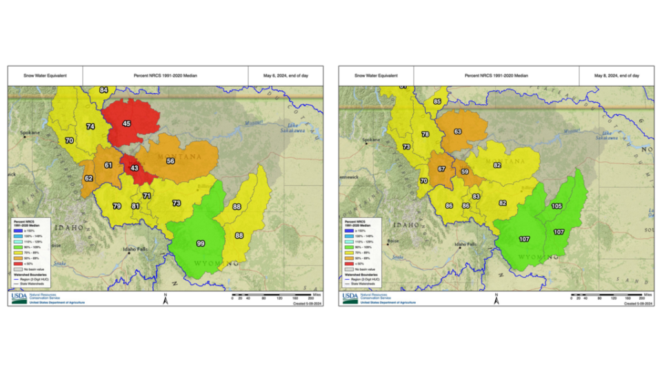 This shows the change in the percent of median snowpack between May 6 (left) and May 8, 2024 (right) after a storm brought snow and rain to most of Montana. (Image via USDA/NRCS)