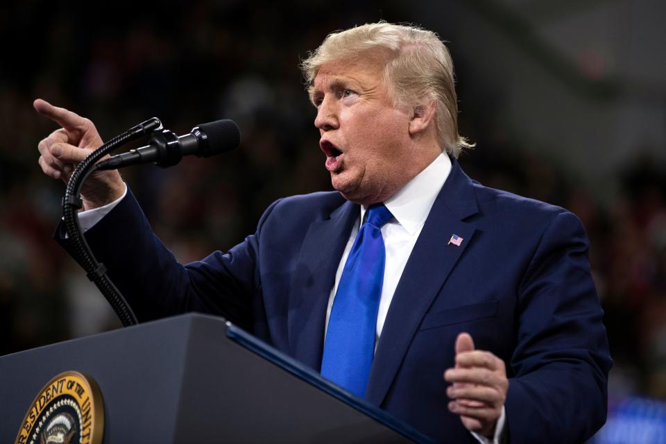 President Donald Trump speaks during a campaign rally at UW-Milwaukee Panther Arena, Tuesday, Jan. 14, 2020, in Milwaukee. (AP Photo/ Evan Vucci) ORG XMIT: WIEV115