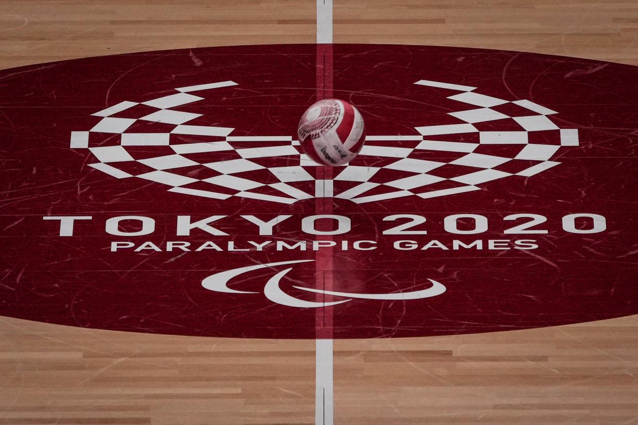 A wheelchair rugby ball is seen during a training session between Denmark and Britain at Yoyogi National Stadium in Tokyo ahead of the Tokyo 2020 Paralympic Games on August 22, 2021. (Photo by Yasuyoshi CHIBA / AFP) (Photo by YASUYOSHI CHIBA/AFP via Getty Images)