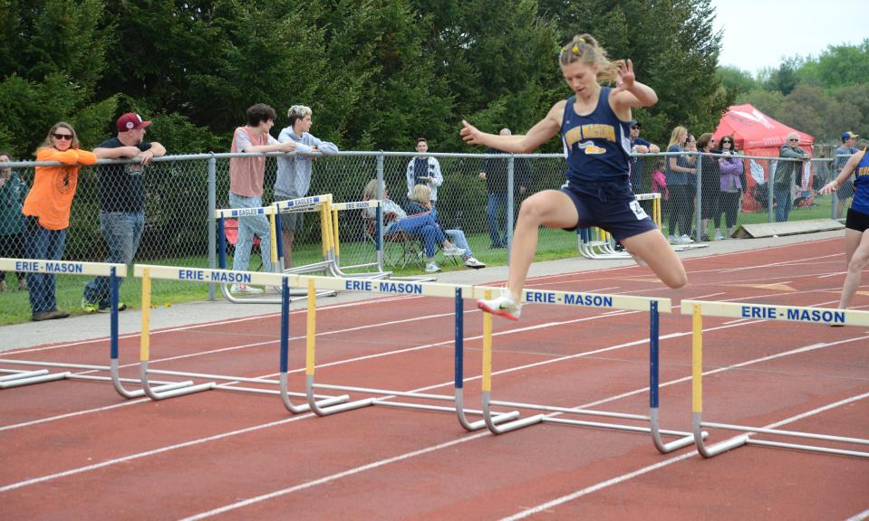 Beth Sweeney of Erie Mason has a big lead in the girls low hurdles at the 58th annual Mason Invitational Saturday.